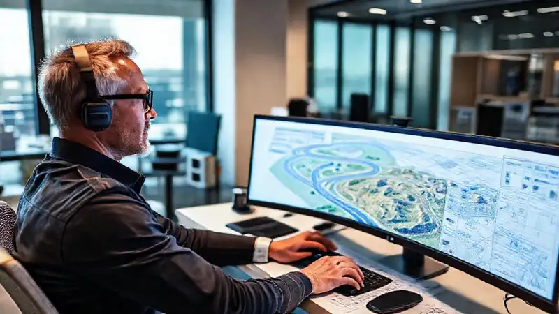 Ingeniero civil diseña en computador planos viales