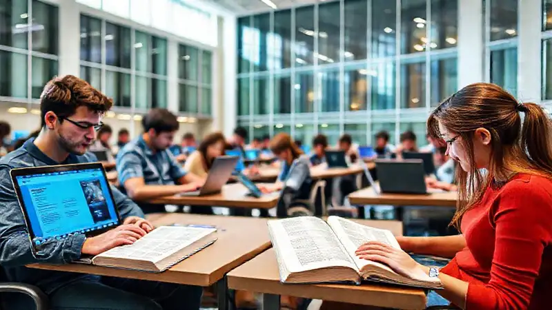 Estudiantes estudiando en aula moderna universitaria