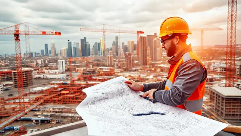 Planos y herramientas en sitio de construcción