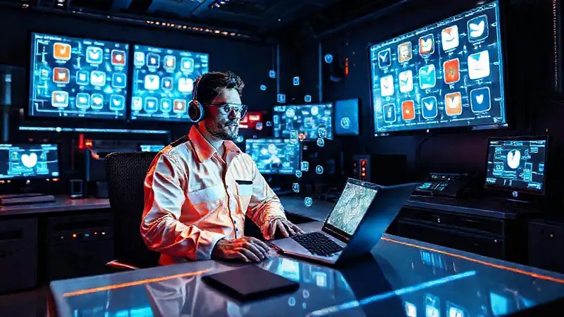 Ingeniero en oficina futurista con pantallas digitales