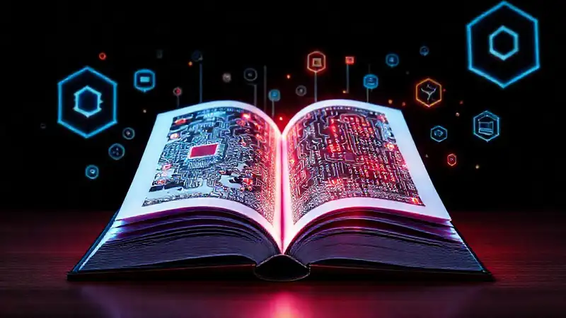 Libro abierto con diagramas y código digital