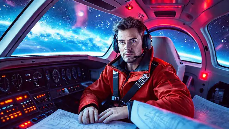 Ingeniero en cabina futurista con mapas espaciales