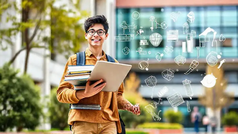 Estudiante equilibrando estudio y tecnología en campus