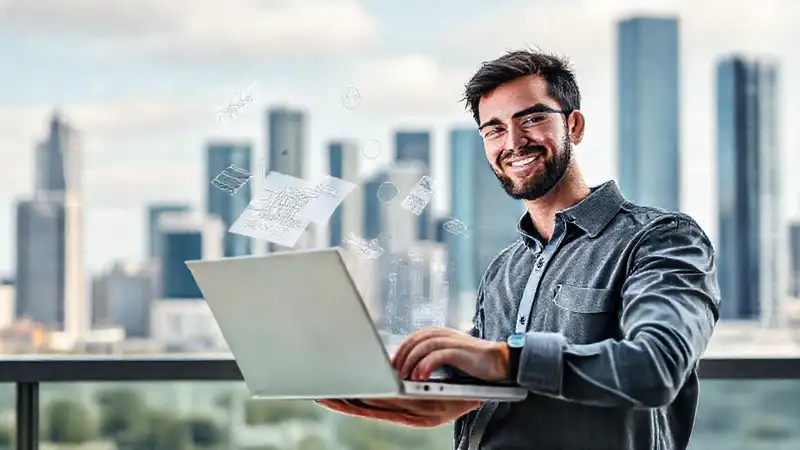 Ingeniero joven con laptop y plano digital
