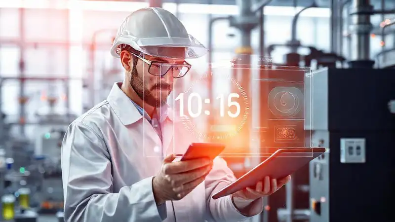Ingeniero con tecnología holográfica en laboratorio futurista
