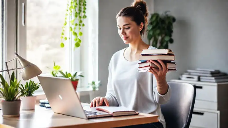 Mujer estudia en espacio organizado y relajado