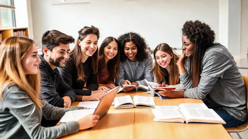 Grupo de estudiantes colaborando en aula moderna