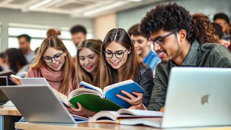 Estudiantes colaborando en aula moderna y vibrante
