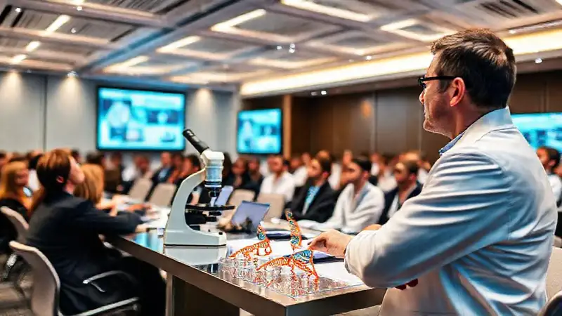 Científico presenta en conferencia con microscopio y DNA