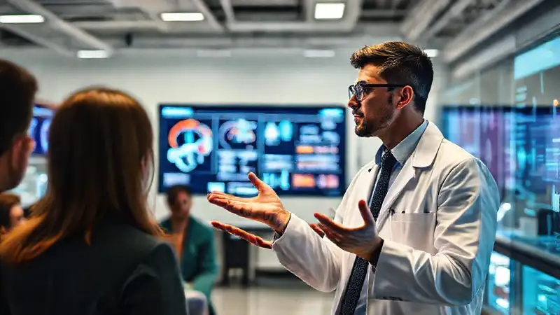 Ingeniero biomédico presenta en laboratorio moderno