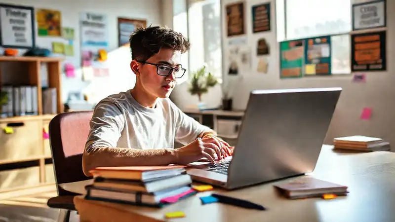 Estudiante motivado en un espacio organizado y brillante