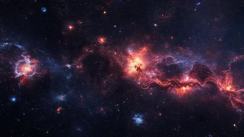 Red cósmica brillante, galaxias y nebulosas iluminadas