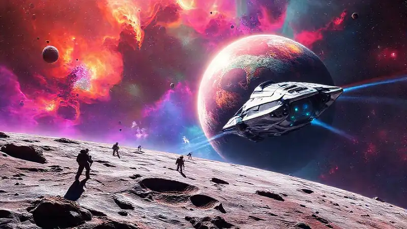 Nave futurista cerca de planeta colorido y luna