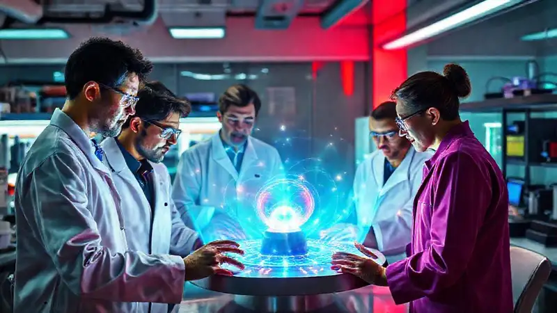 Científicos innovando en laboratorio holográfico futurista