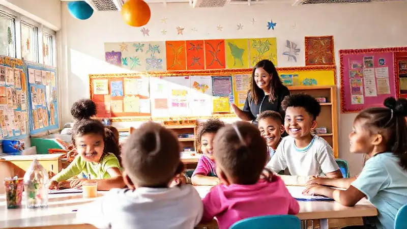 Aula vibrante con estudiantes y creatividad