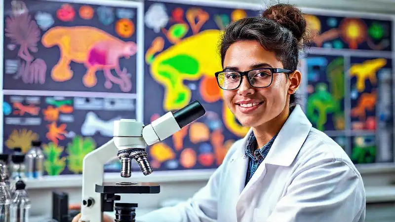 Estudiante con microscopio en laboratorio colorido