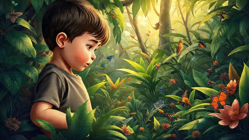 Niño explorando la selva y su vida