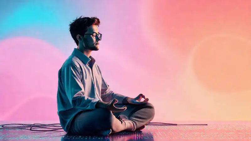 Científico calmo meditando en entorno relajante digital