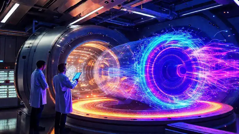 Colisionador futurista con científicos y energía brillante