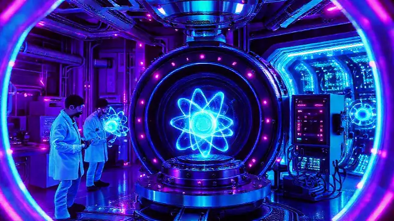 Acelerador de partículas futurista en laboratorio avanzado