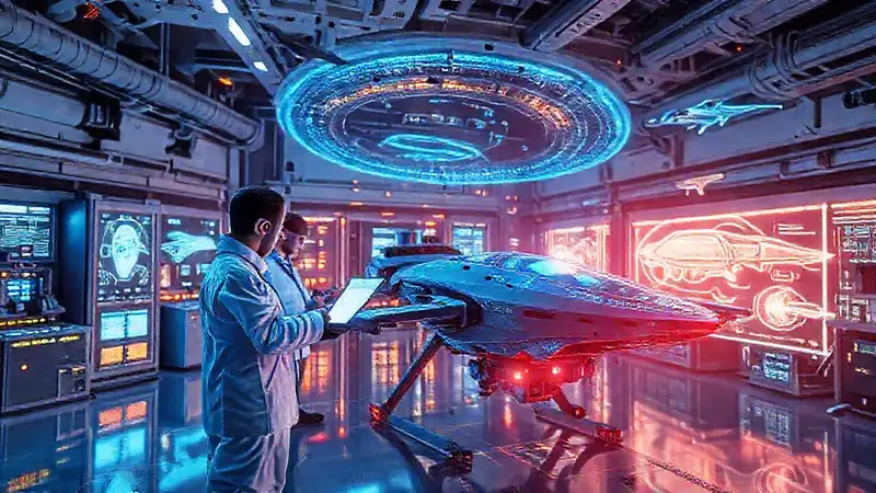 Laboratorio futurista con tecnología avanzada y drones