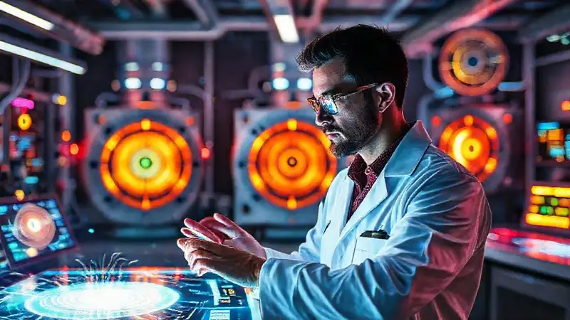 Laboratorio futurista con física y tecnología avanzada