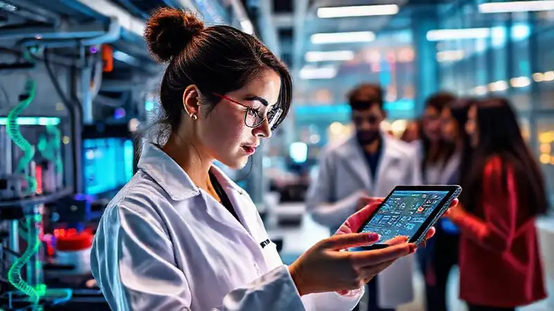 Ingeniera biomédica joven trabajando con tecnología avanzada