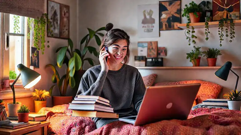 Estudiante estudia y charla en su habitación