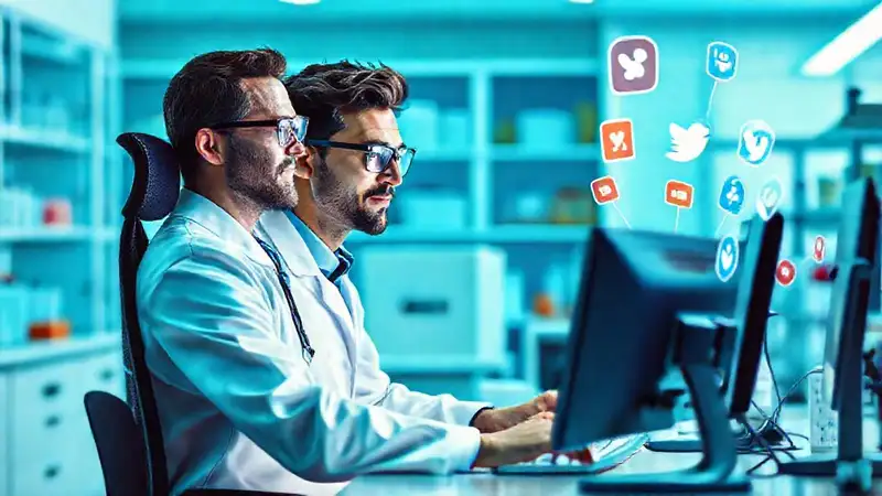 Biólogo en laboratorio con redes sociales
