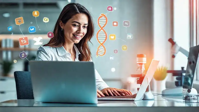 Mujer profesional usando tecnología en biotech