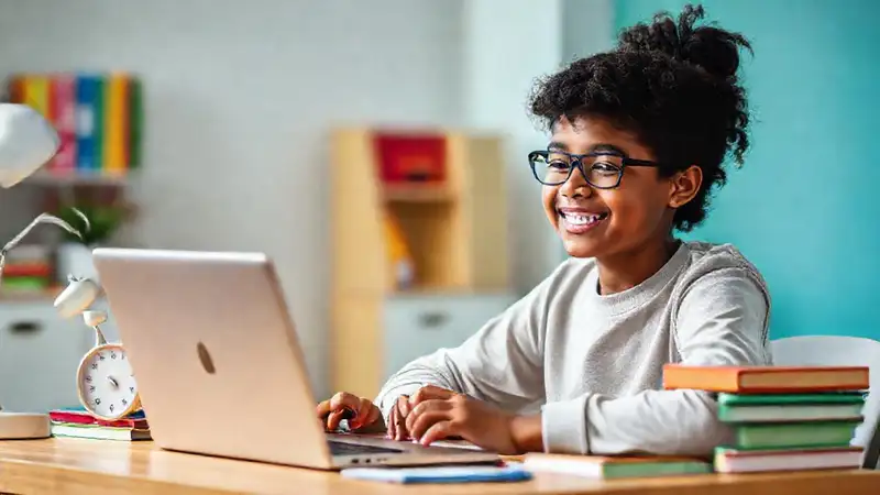 Estudiante feliz estudiando en un ambiente moderno