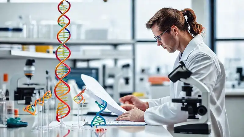 Biólogo en laboratorio con ADN y microscopio