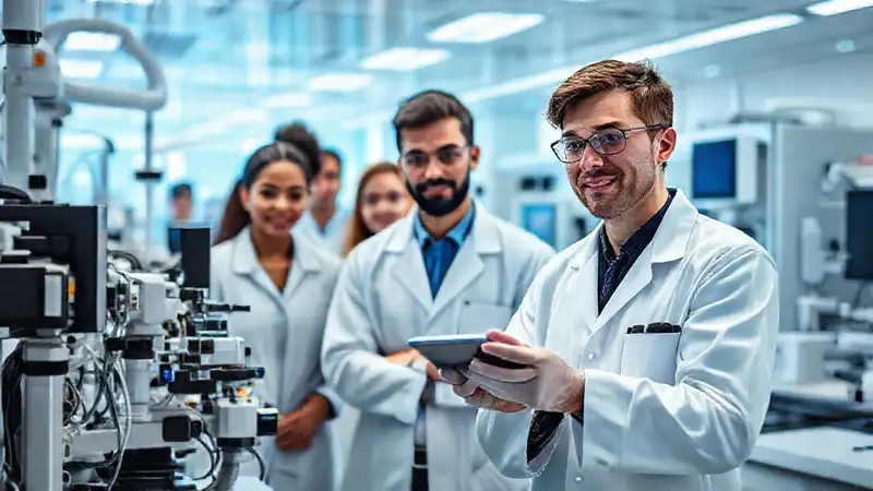 Ingeniero biomédico en laboratorio avanzado y colaborativo
