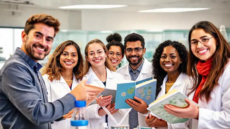 Equipo diverso colaborando en laboratorio moderno