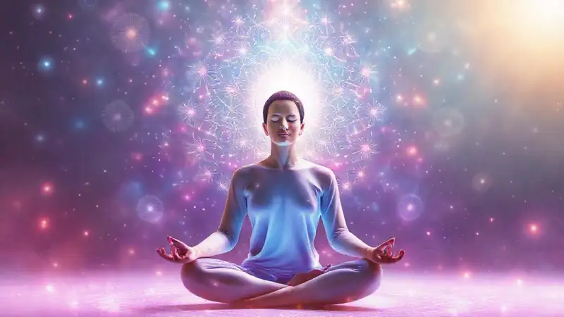 Persona tranquila meditando con energía vibrante
