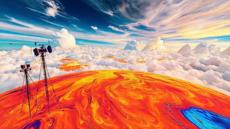 Patrones térmicos coloridos y nubes dinámicas