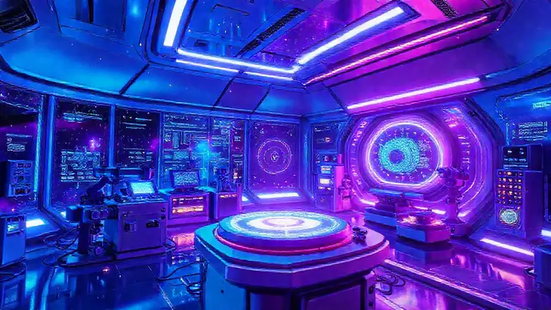 Laboratorio futurista con tecnología avanzada espacial