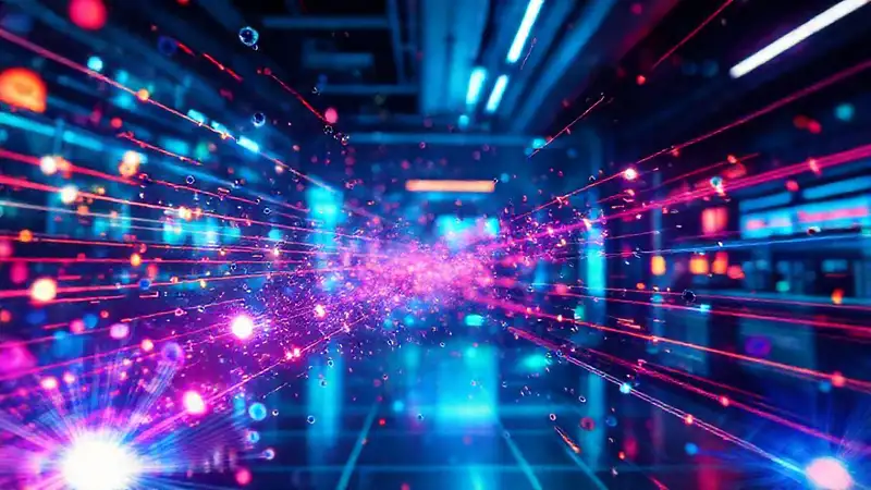 Partículas subatómicas y energía en laboratorio futurista