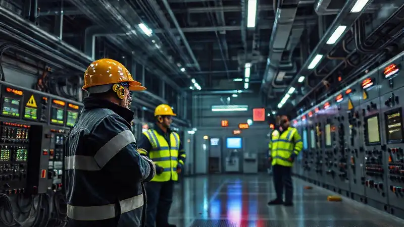 Lugar industrial con personal y señalización de seguridad