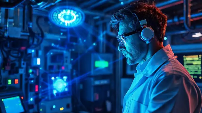 Científico analizando energía y sensores futuristas