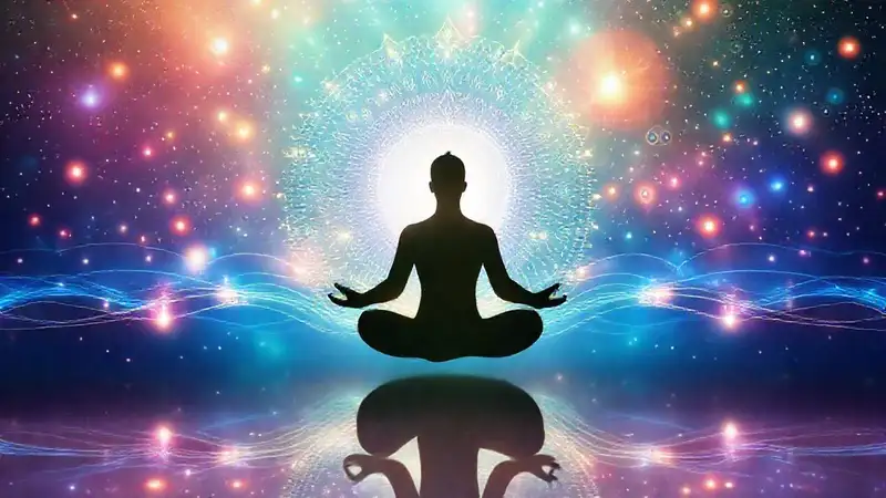 Cubierta vibrante con figura meditando y energía