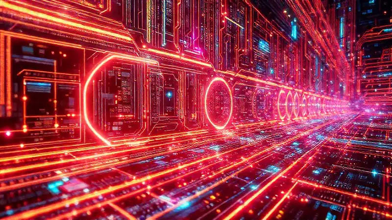 Circuito electrónico futurista con neón brillante