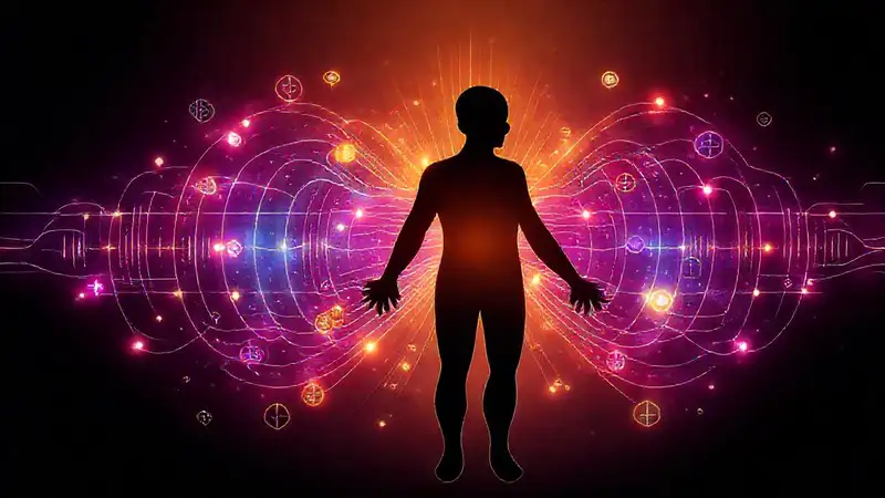 Silhouette humana con ondas y símbolos energéticos