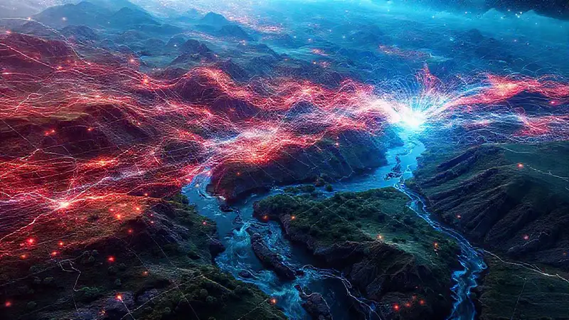 Campo de energía dinámico y luminoso en paisajes