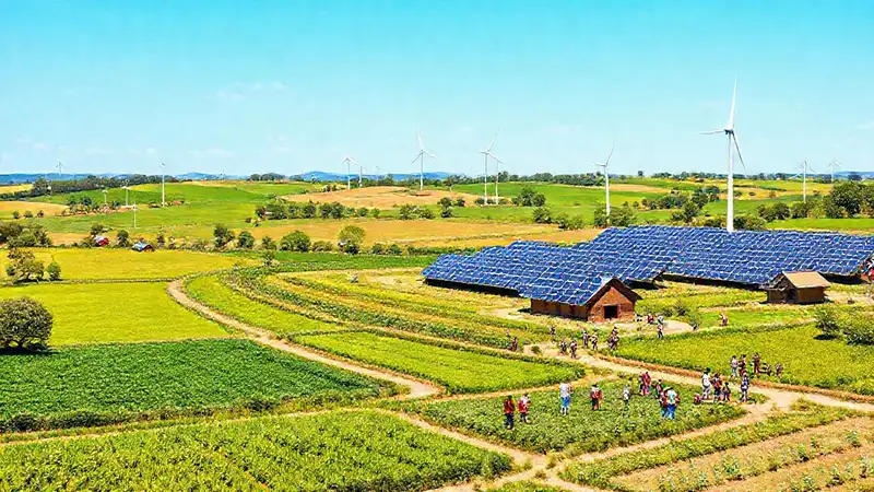 Paisaje rural con energía sostenible y agricultores