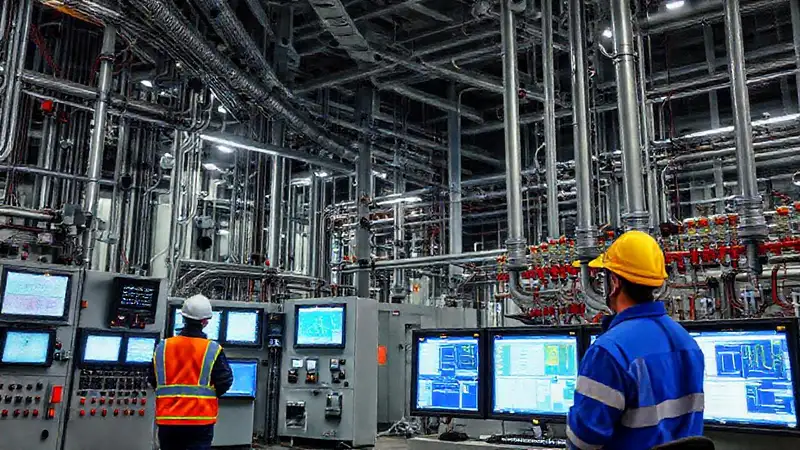 Subestación eléctrica con personal y sistemas modernos