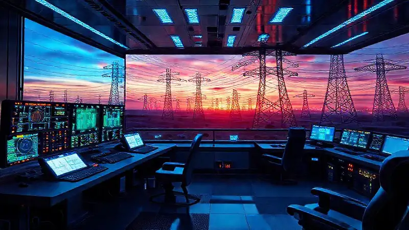 Central de control futurista con torres eléctricas