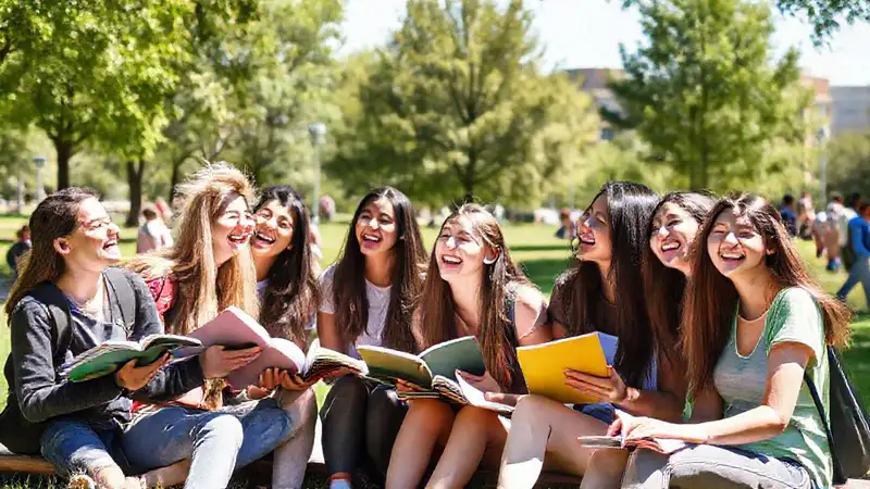 Estudiantes felices, estudian y juegan en parque