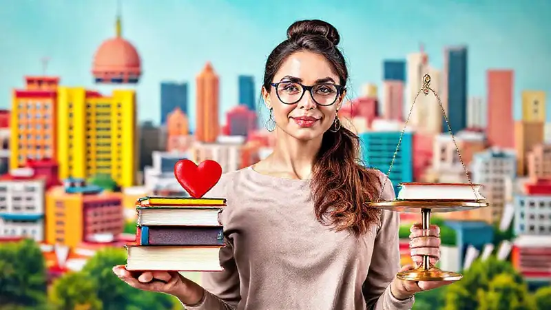 Persona segura con balanza, libros y corazón