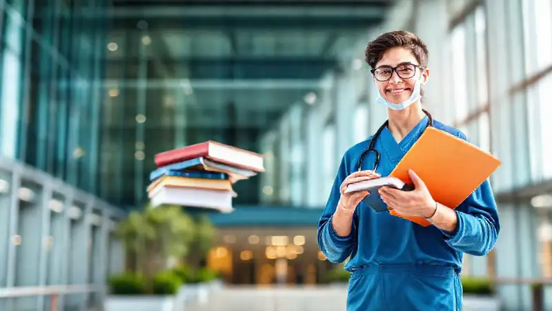 Estudiante con libros y equipo en campus moderno
